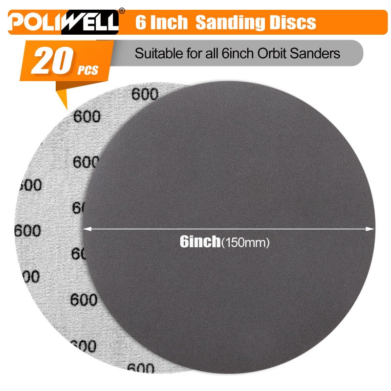 POLIWELL 6 Inch (150mm) 600 Grit High Performance Waterproof Hook & Loop Sanding Discs Heavy Duty Silicon Carbide Round Flocking Sandpaper for Wet/Dry Sanding Grinder Polishing Accessories, 20-Pack - Image 2